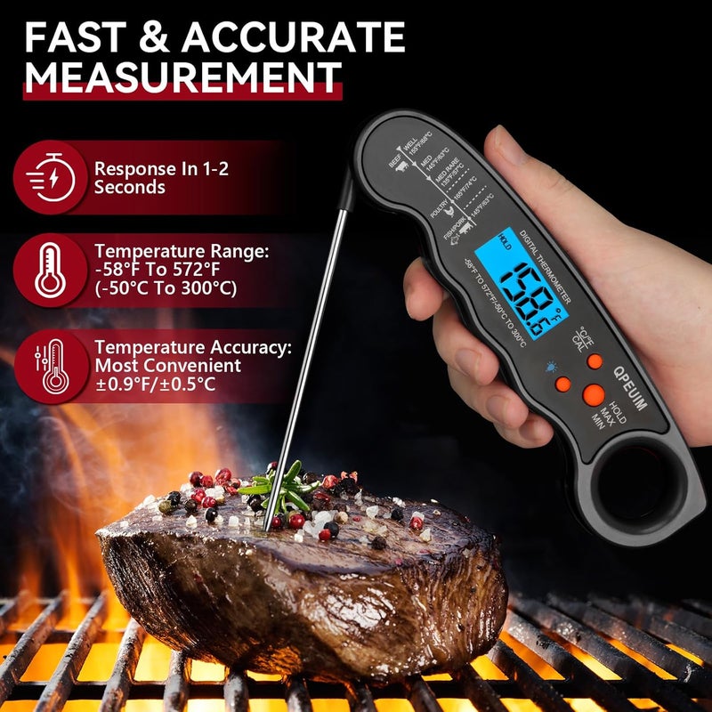QPEUIM Meat Thermometer Digital -Instant Read Food Thermometer-Waterproof Food Thermometer with Backlight for Grilling and Cooking,BBQ,Deep Fry,Turkey, Candy, -Black - Image 2